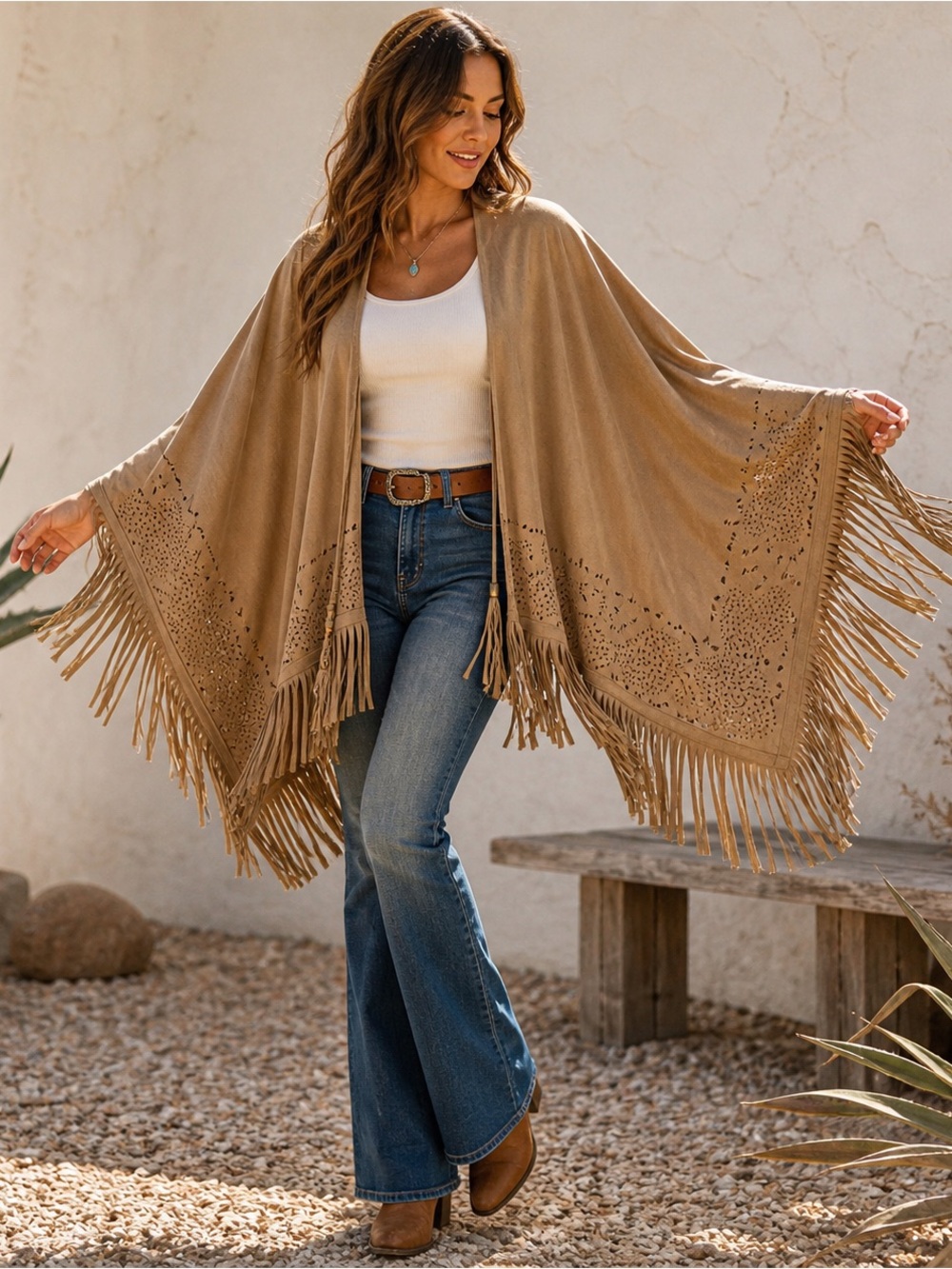 Marc New York Fringe Shawl Wrap One Size Boho Western Faux Suede Tan Festival